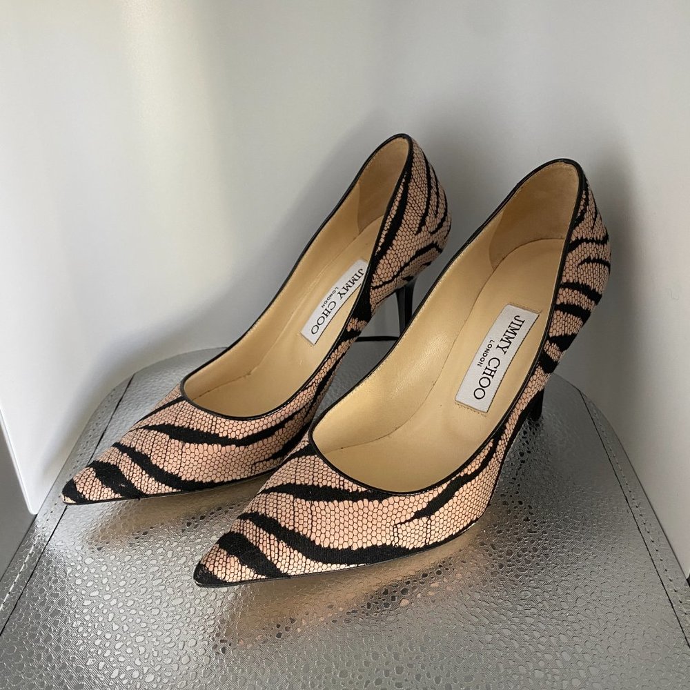 Jimmy Choo Agnes Light Pink Suede & Black Lace Covered Heels Size 36.5 - Picture 3 of 7